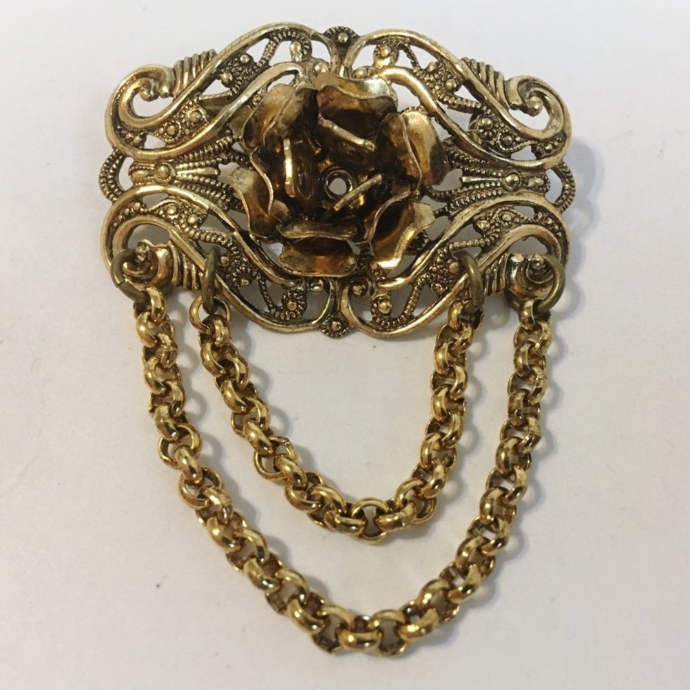 Rose Pin Brooch Vintage Ornate Scroll Filigree Antique Gold Tone Metal Chains